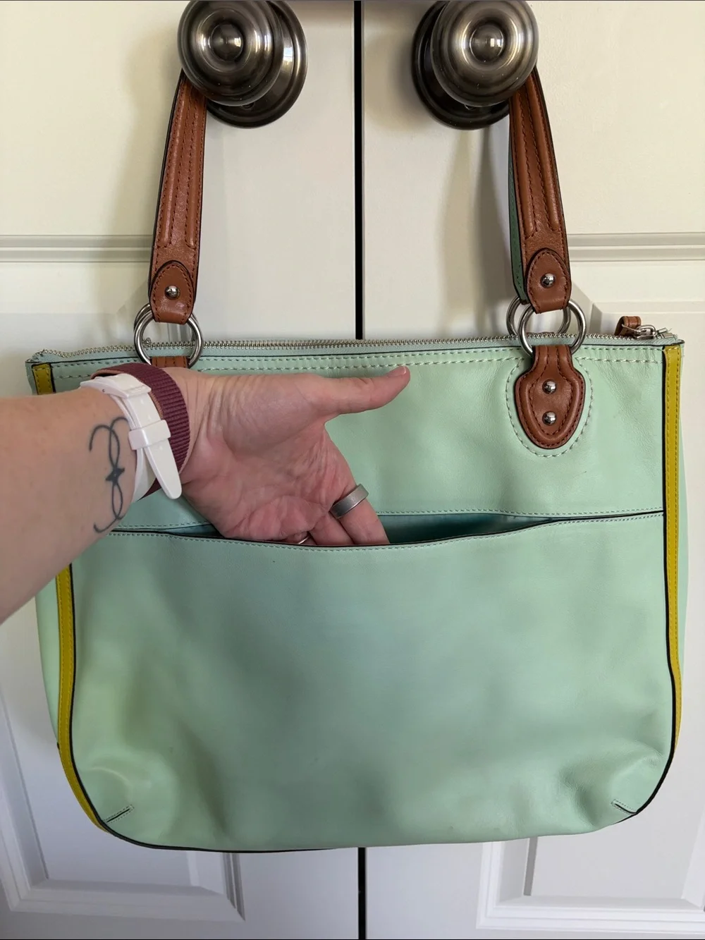 RARE Coach Hallie color block shoulder bag in aqua blue and lime green - Picture 5 of 16